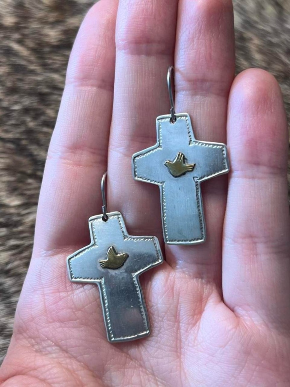 Artisan made sterling silver dove cross earrings
